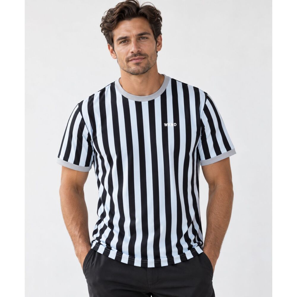 WKND Blue Vertical Striped T-Shirt Crew Neck Medium Ringer Ref Goals